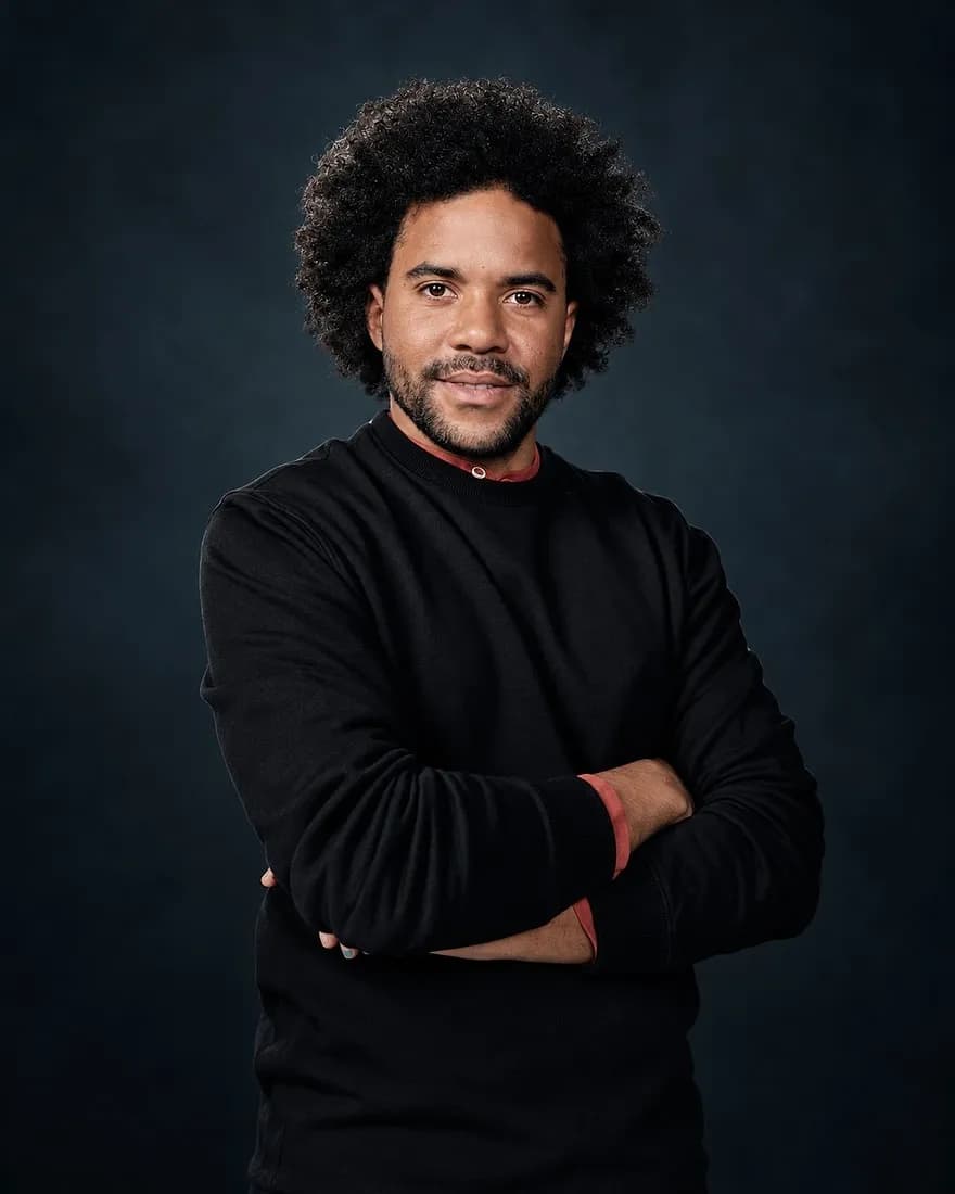 Alex Bangula of Elektrisiert in a dark studio with arms crossed, smiling