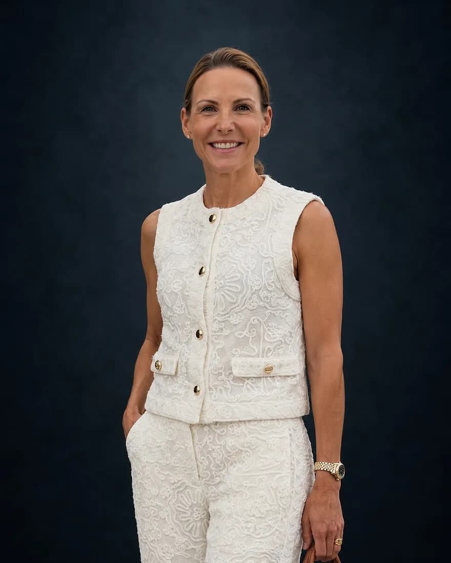 Sabrina Mockenhaupt in a dark studio wearing a light two-piece outfit with a brown handbag